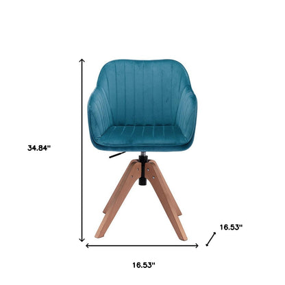 Tufted Teal Blue And Natural Velvet and Wood Dining Arm Chair