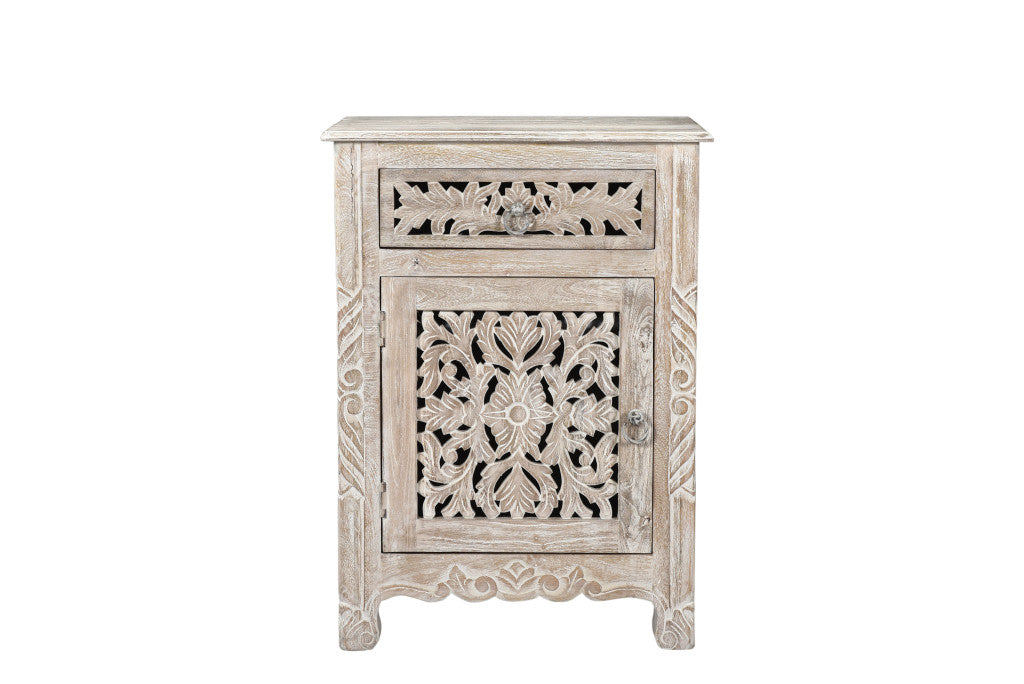 30" Distressed White One Drawer Floral Carved Solid Wood Nightstand