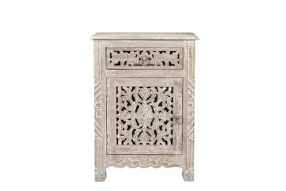 30" Distressed White One Drawer Floral Carved Solid Wood Nightstand