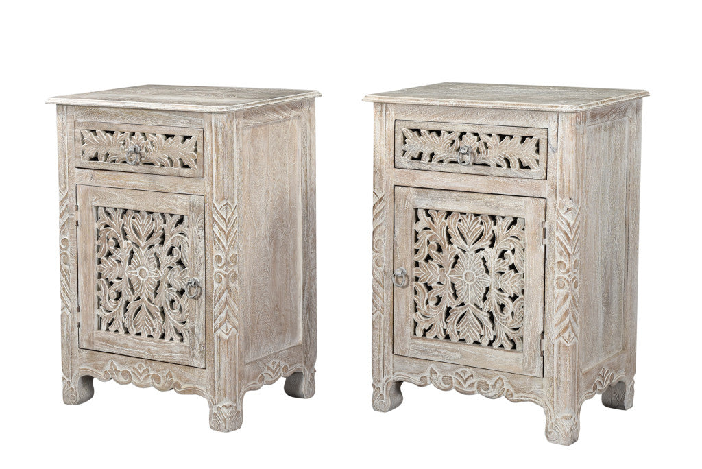 30" Distressed White One Drawer Floral Carved Solid Wood Nightstand