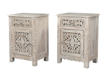 30" Distressed White One Drawer Floral Carved Solid Wood Nightstand