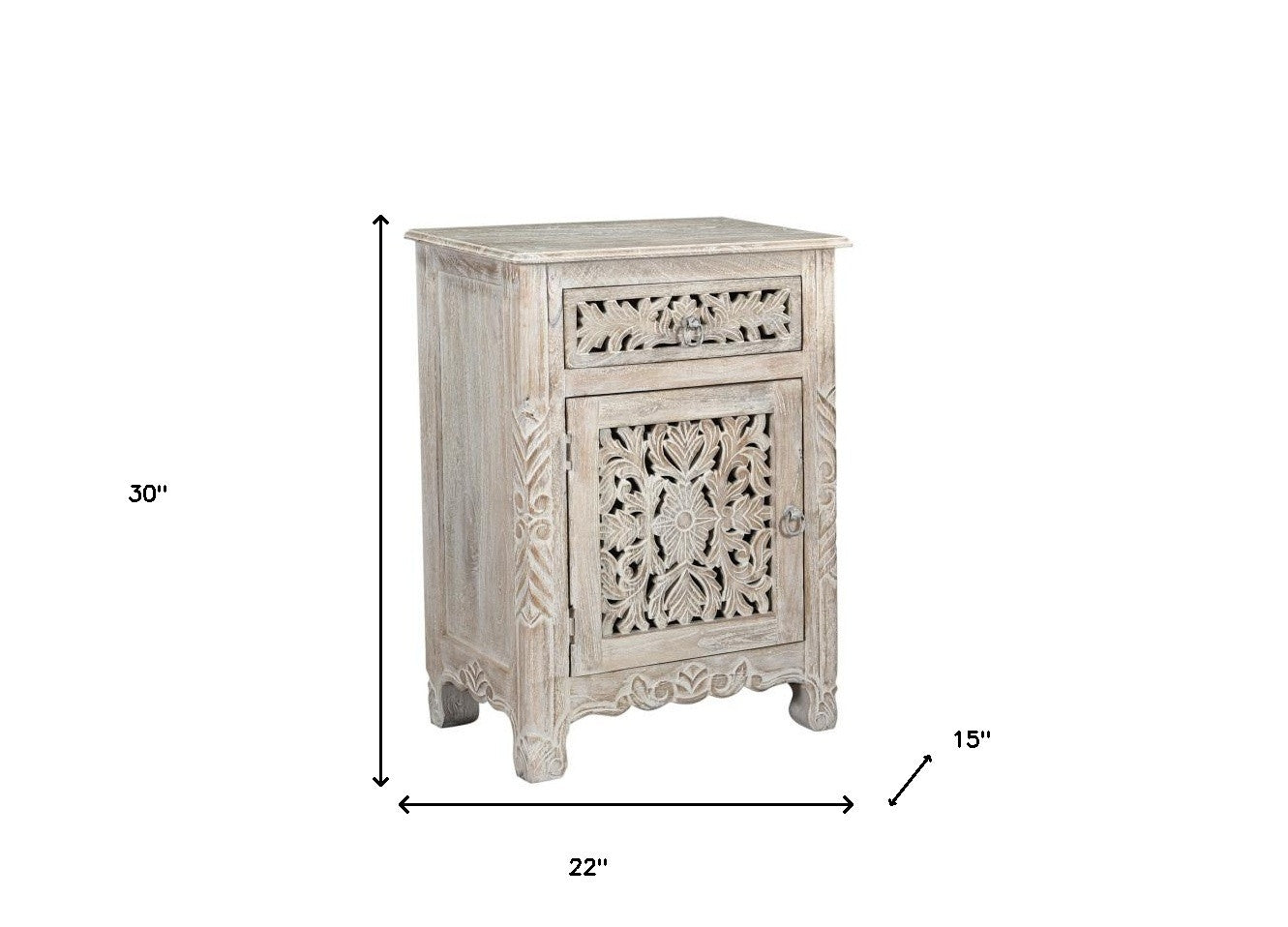 30" Distressed White One Drawer Floral Carved Solid Wood Nightstand