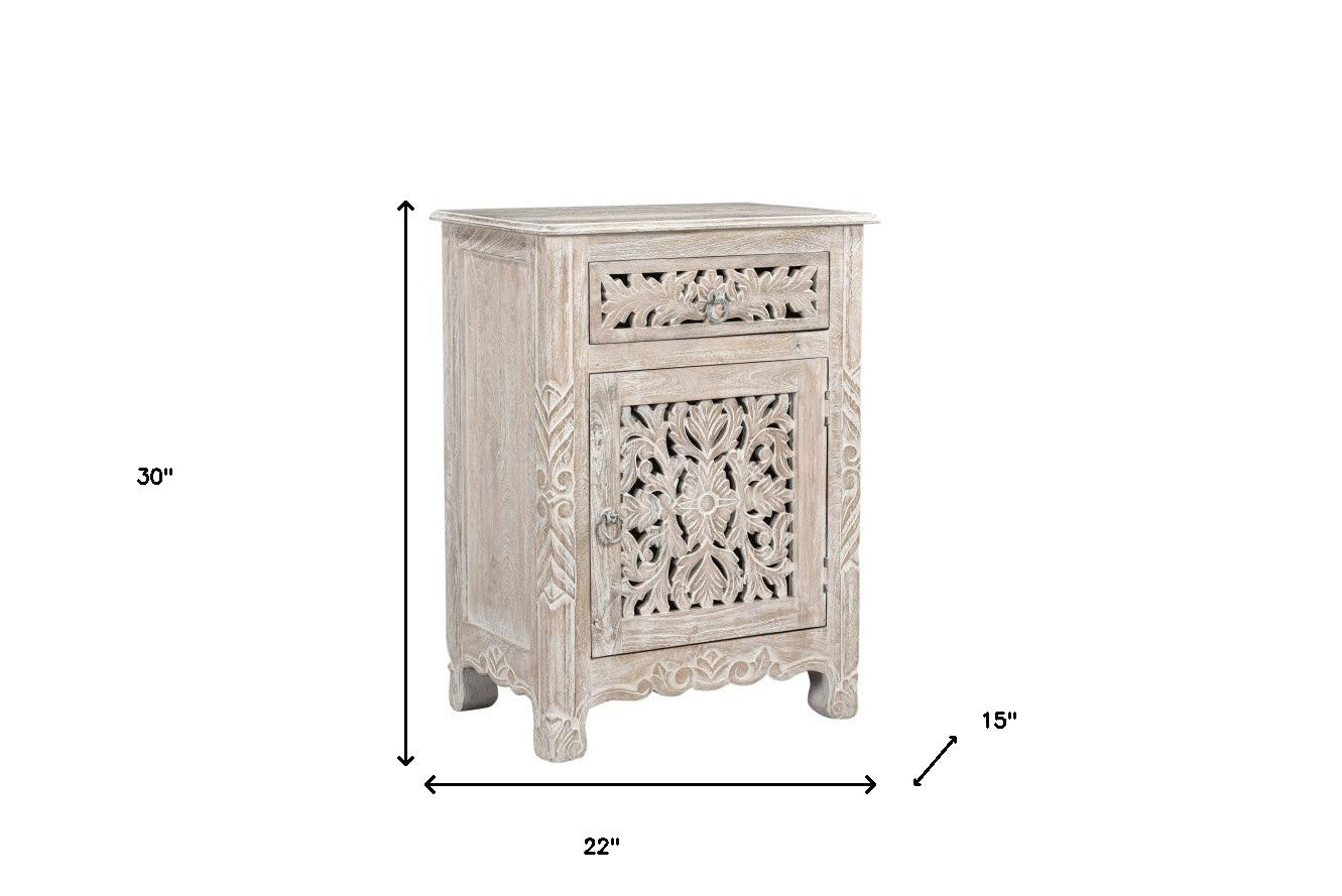 30" Distressed White One Drawer Carved Floral Solid Wood Nightstand