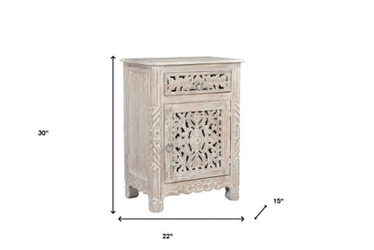 30" Distressed White One Drawer Carved Floral Solid Wood Nightstand