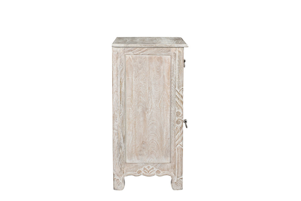 30" Distressed White One Drawer Carved Floral Solid Wood Nightstand