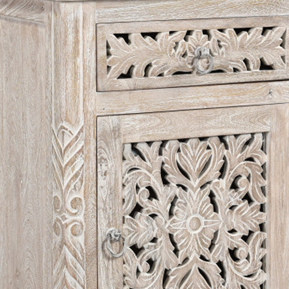 30" Distressed White One Drawer Carved Floral Solid Wood Nightstand