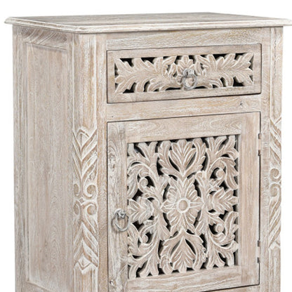 30" Distressed White One Drawer Carved Floral Solid Wood Nightstand