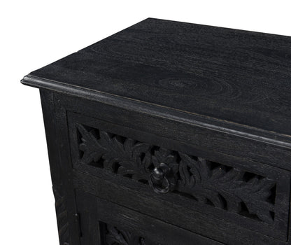 30" Distressed Black One Drawer Floral Carved Solid Wood Nightstand