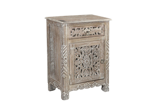 30" Distressed Gray One Drawer Carved Floral Solid Wood Nightstand