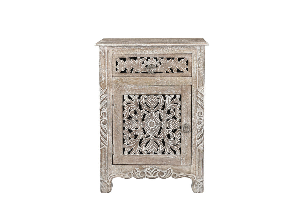 30" Distressed Gray One Drawer Carved Floral Solid Wood Nightstand