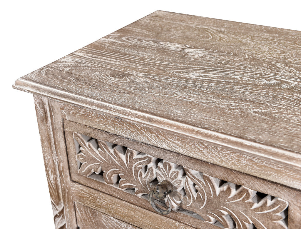 30" Distressed Gray One Drawer Carved Floral Solid Wood Nightstand