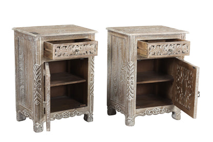 22" Gray One Drawer One Door Floral Carved Nightstand