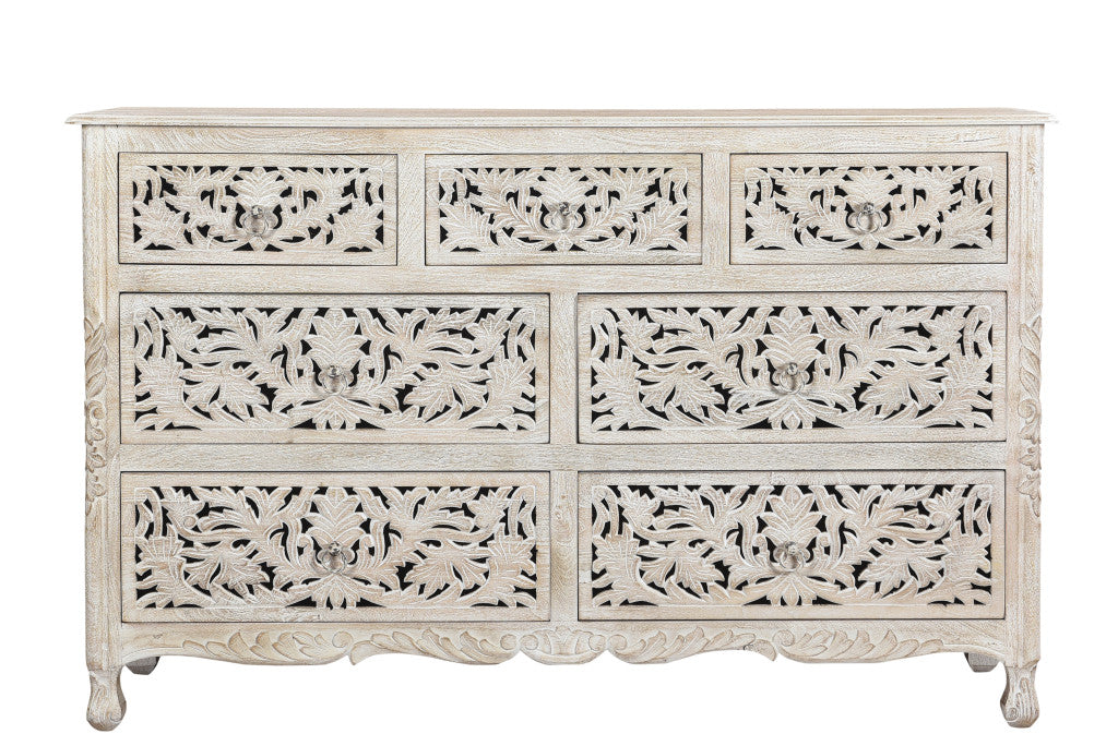 57" White Solid Wood Seven Drawer Dresser