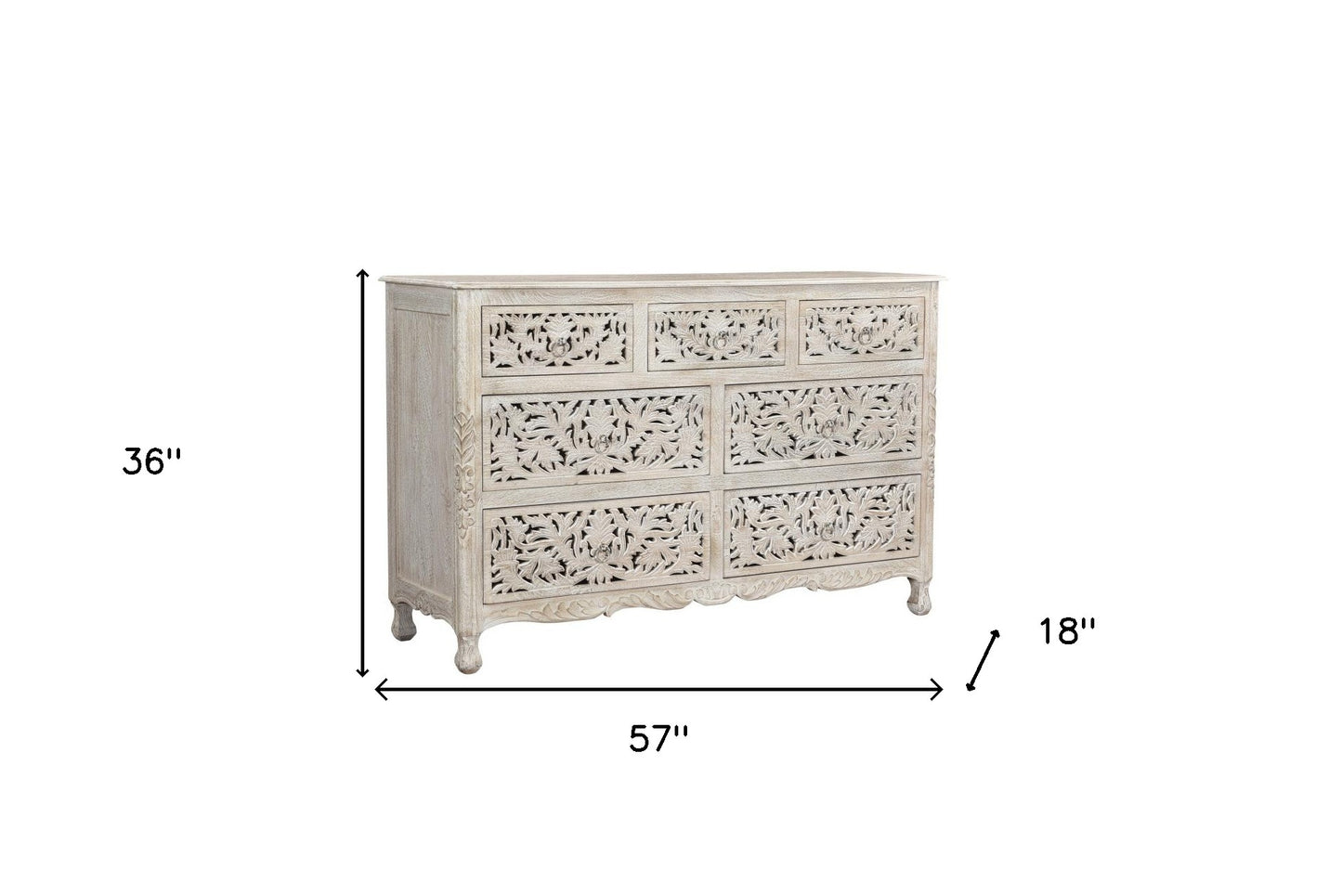 57" White Solid Wood Seven Drawer Dresser