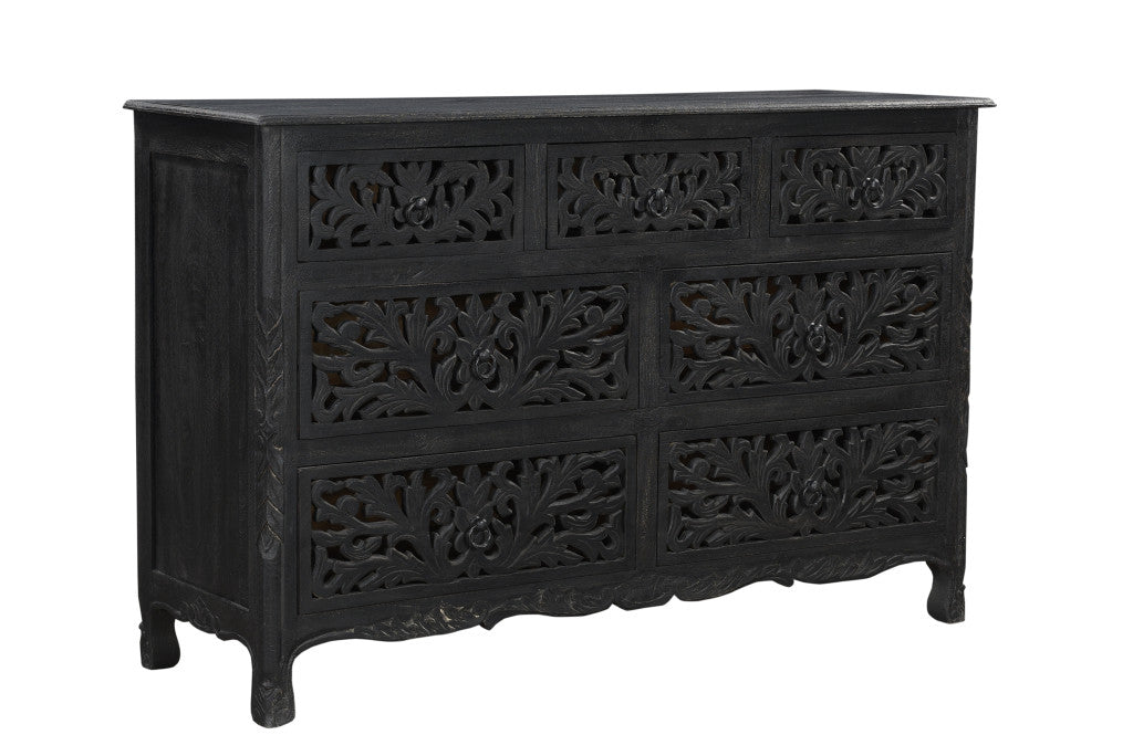 57" Black Solid Wood Seven Drawer Dresser