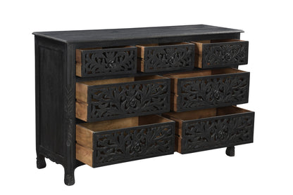 57" Black Solid Wood Seven Drawer Dresser