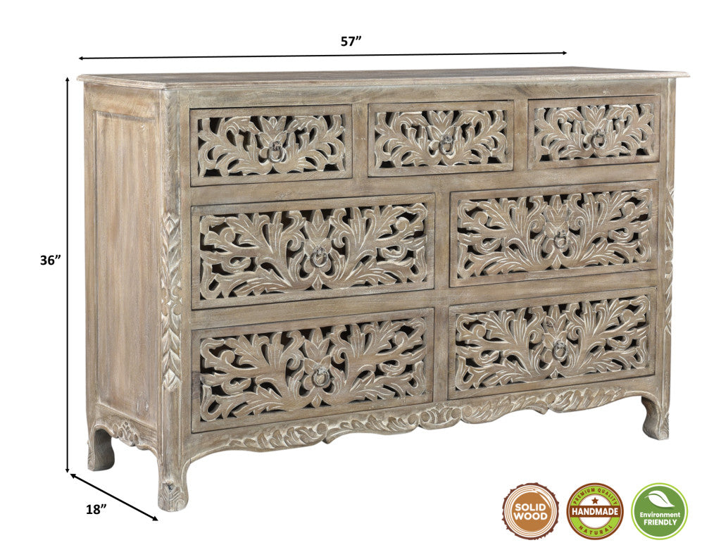 57" Gray Solid Wood Seven Drawer Dresser