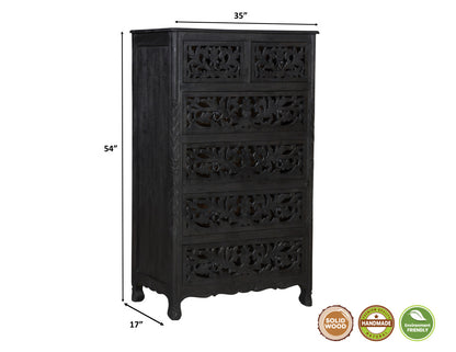 35" Black Solid Wood Six Drawer Chest