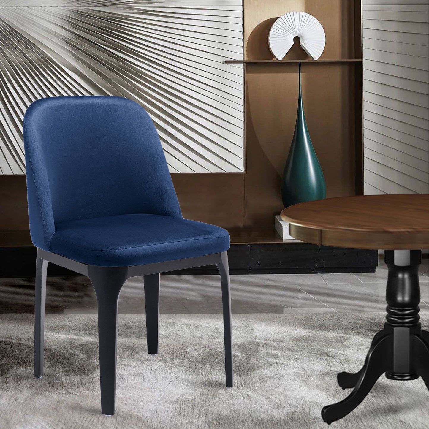 Blue And Black Velvet and Metal Dining Side Chair