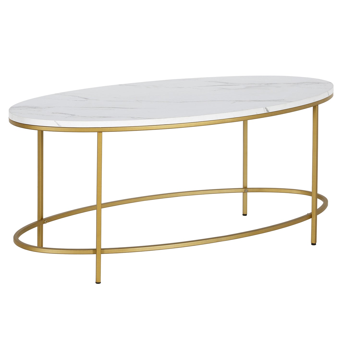 42" White And Gold Faux Marble And Steel Oval Coffee Table