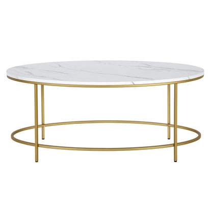 42" White And Gold Faux Marble And Steel Oval Coffee Table