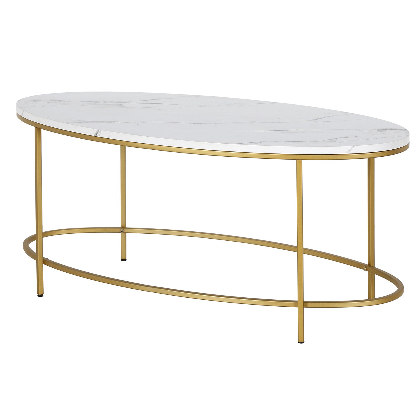 42" White And Gold Faux Marble And Steel Oval Coffee Table