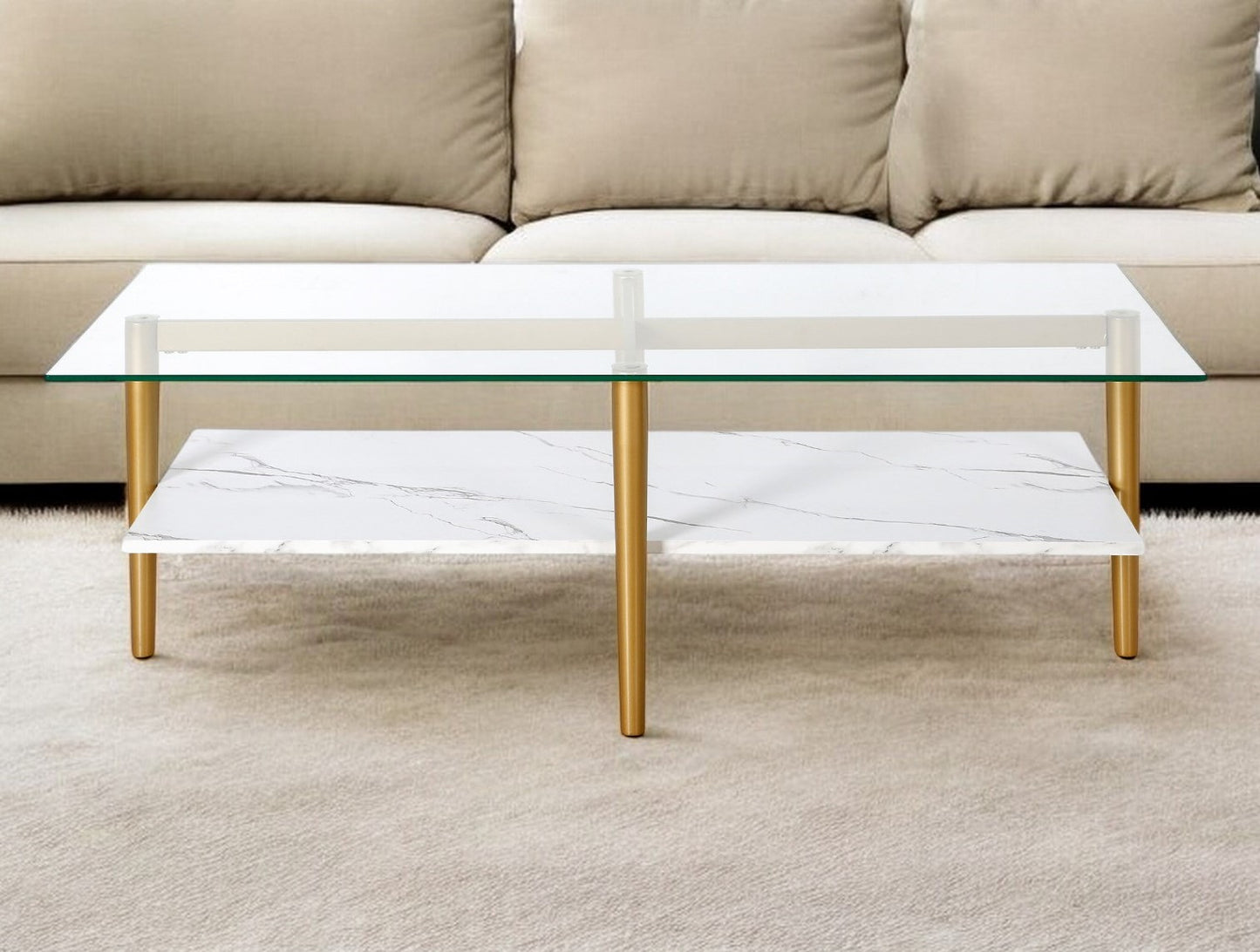 47" White And Gold Glass And Steel Coffee Table With Shelf