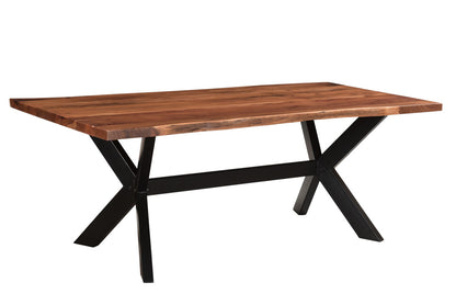 81" Brown And Black Solid Wood And Metal Trestle Base Dining Table