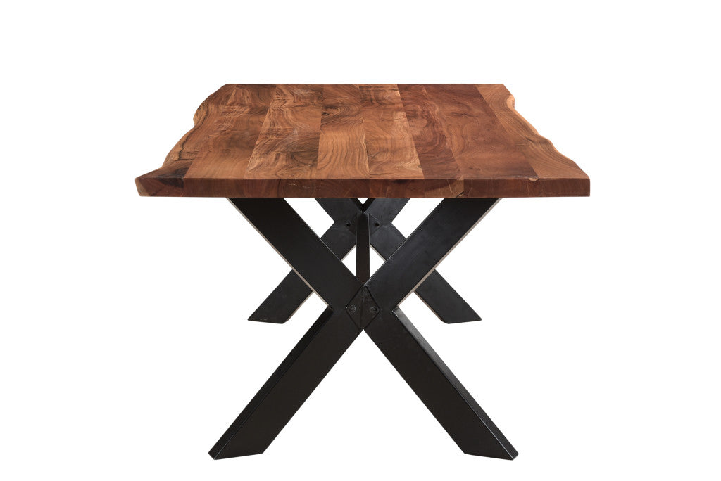 81" Brown And Black Solid Wood And Metal Trestle Base Dining Table