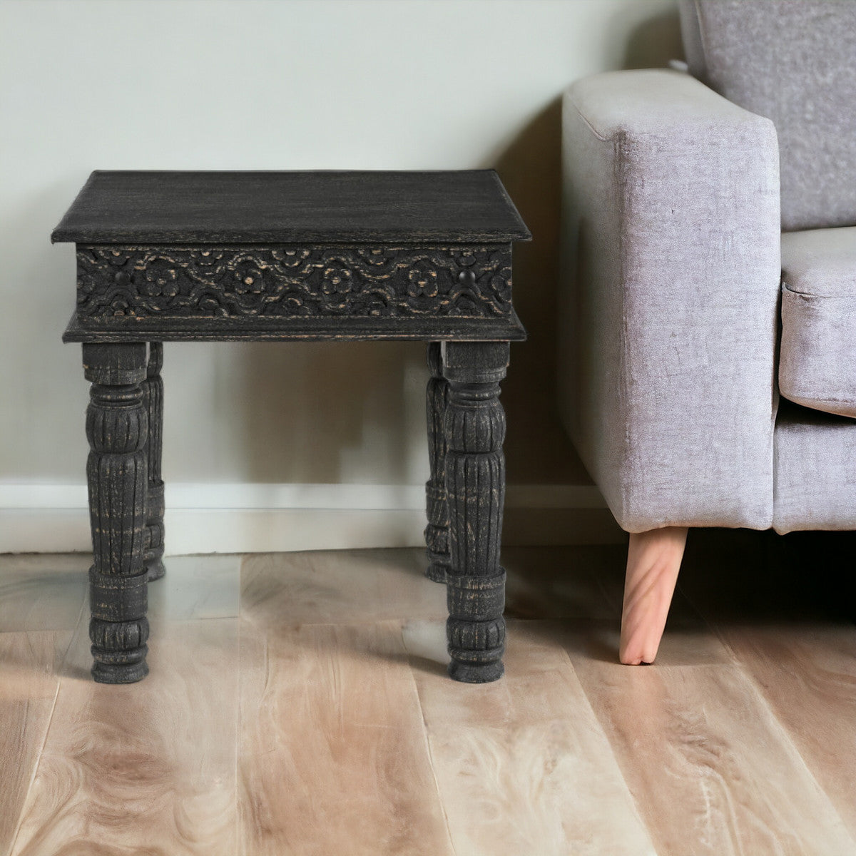 24" Black Distressed Solid Wood End Table