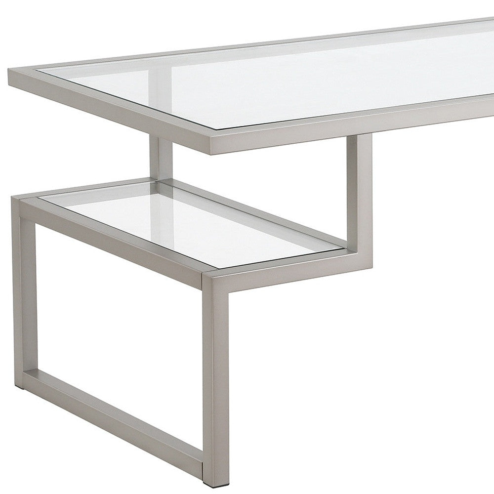 45" Silver Glass And Steel Coffee Table With Two Shelves