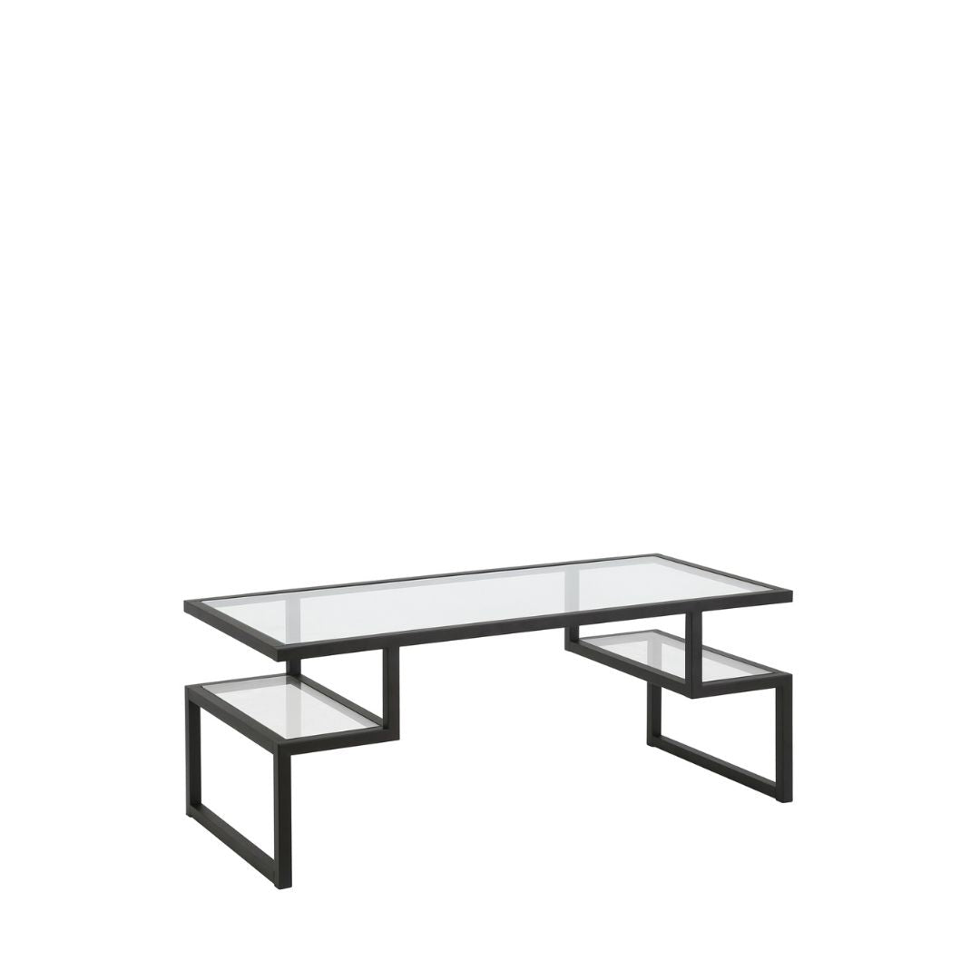 45" Black Glass And Steel Coffee Table With Two Shelves