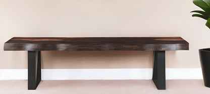 68" Dark Brown and Black Distressed Solid Wood Dining Bench