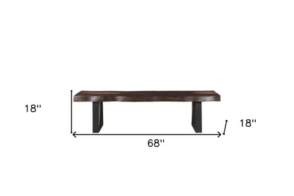 68" Dark Brown and Black Distressed Solid Wood Dining Bench