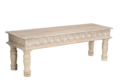 58" White Floral Distressed Solid Wood Dining Bench