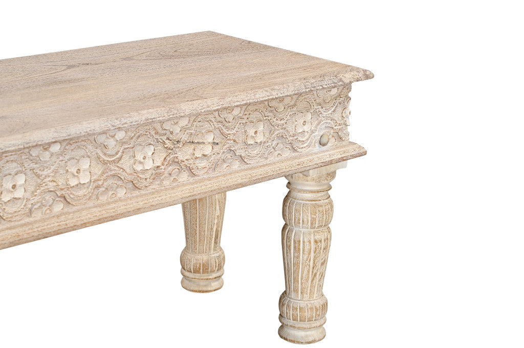 58" White Floral Distressed Solid Wood Dining Bench