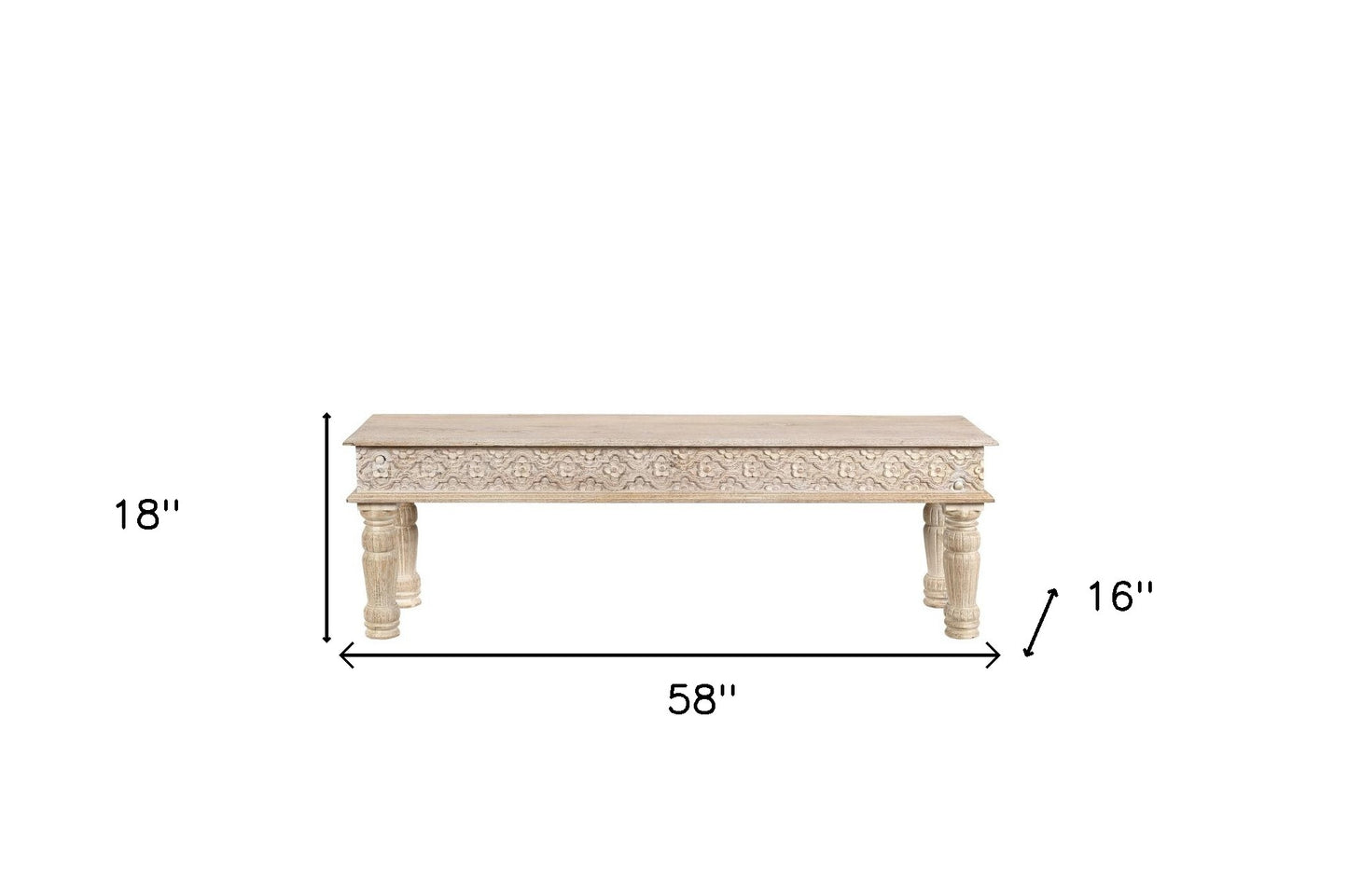 58" White Floral Distressed Solid Wood Dining Bench