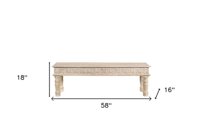 58" White Floral Distressed Solid Wood Dining Bench