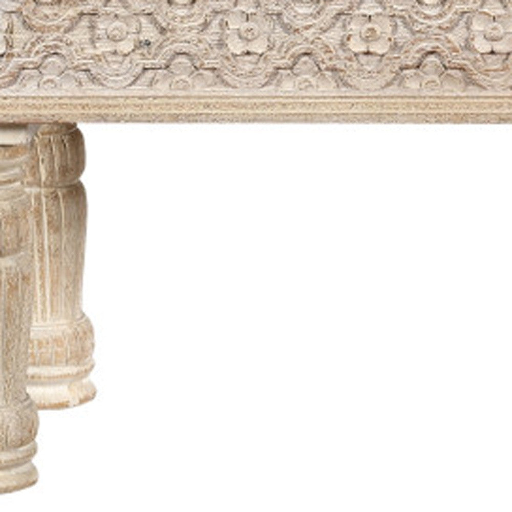 58" White Floral Distressed Solid Wood Dining Bench