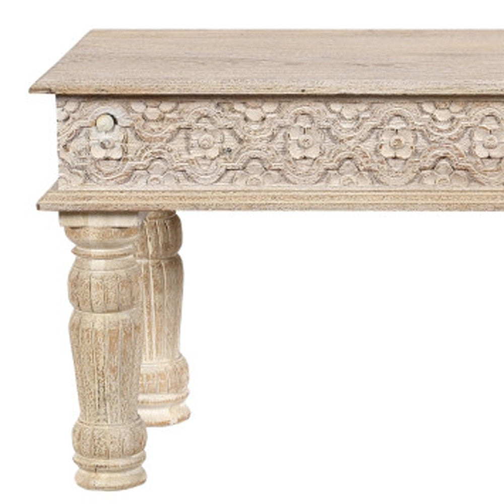 58" White Floral Distressed Solid Wood Dining Bench