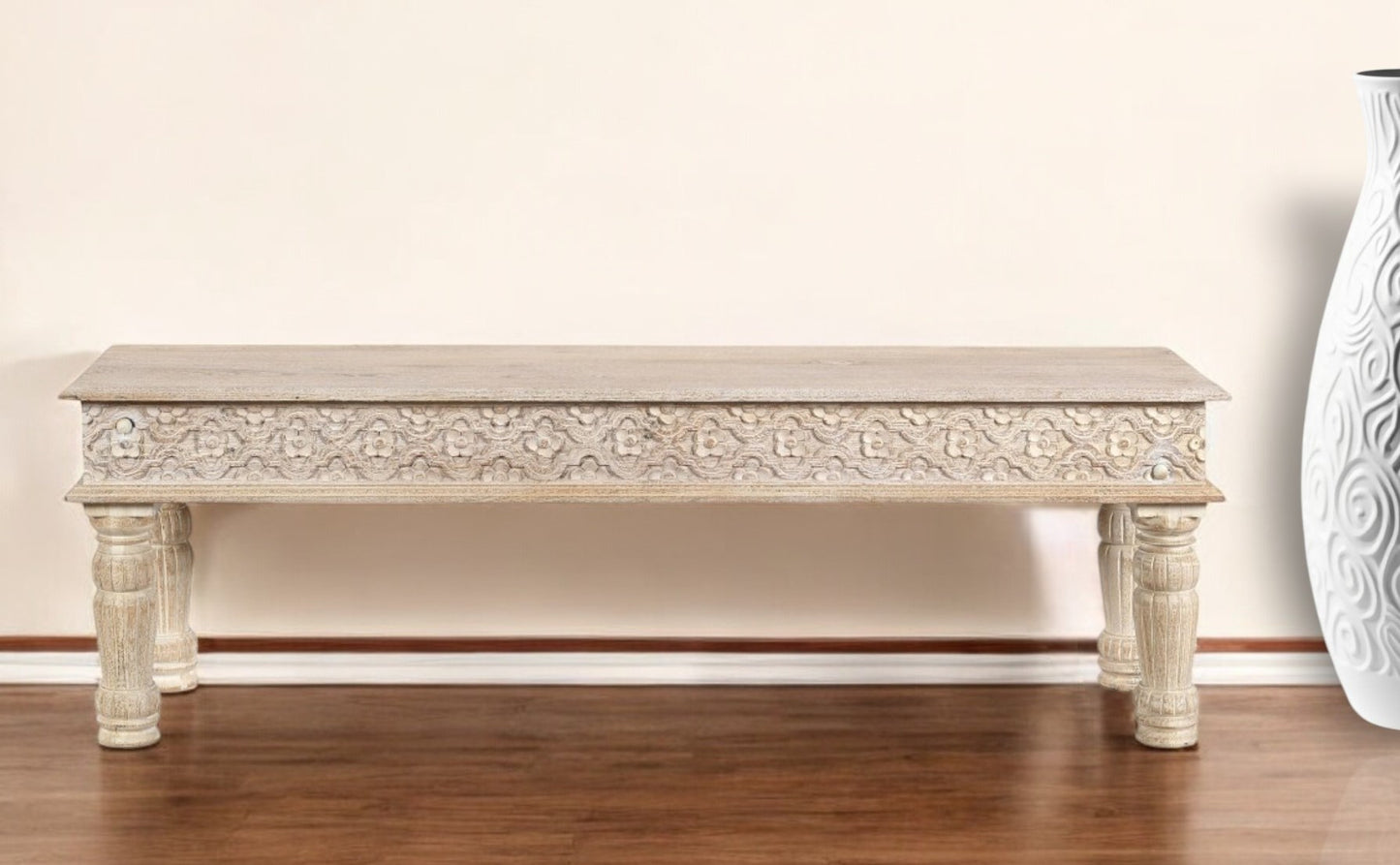 58" White Floral Distressed Solid Wood Dining Bench