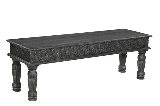 58" Black Floral Distressed Solid Wood Dining Bench