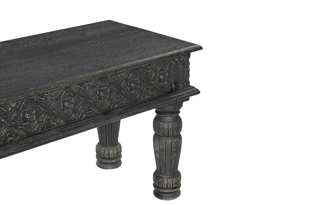 58" Black Floral Distressed Solid Wood Dining Bench