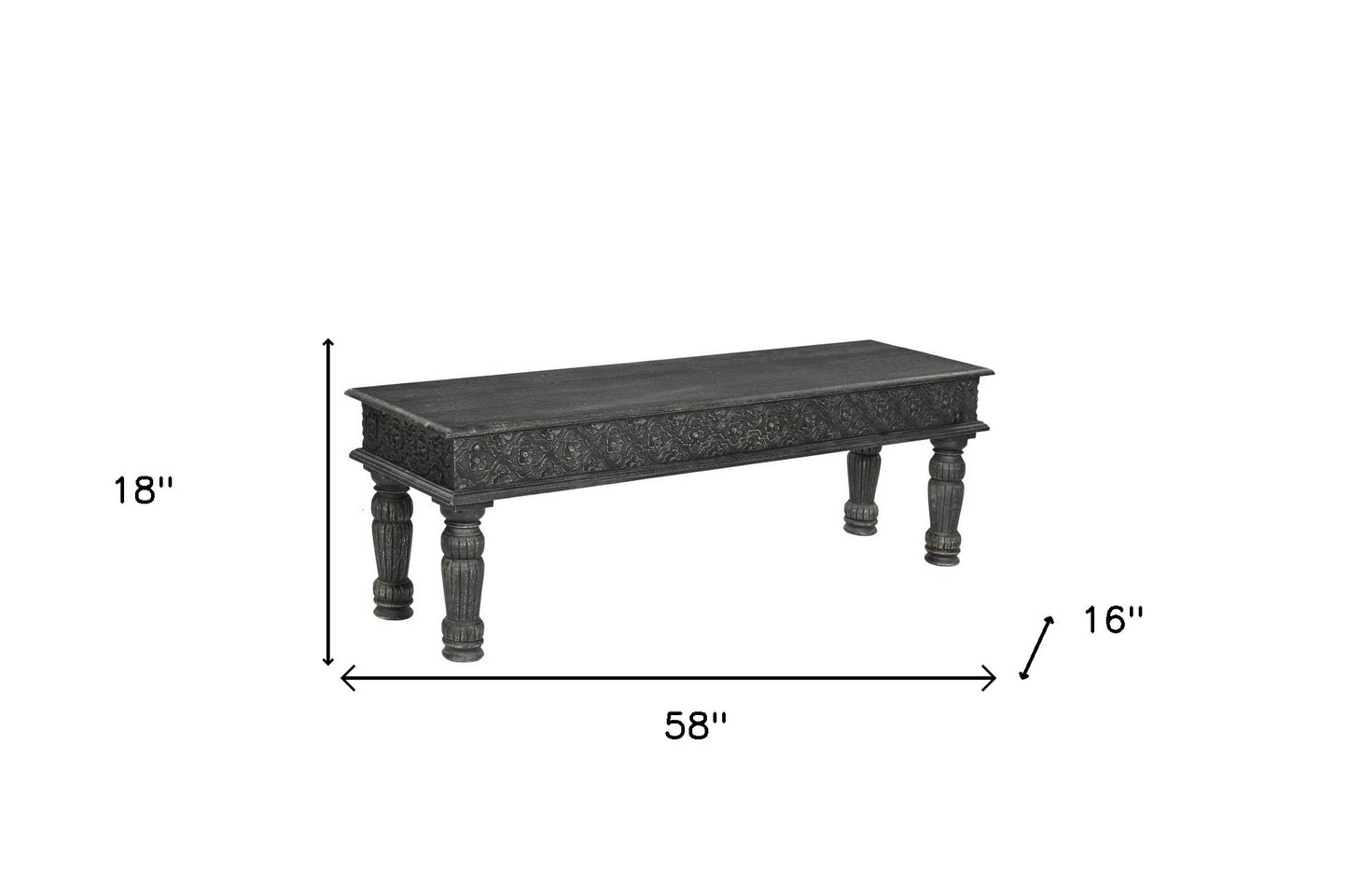 58" Black Floral Distressed Solid Wood Dining Bench