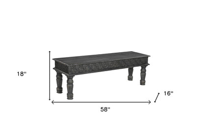 58" Black Floral Distressed Solid Wood Dining Bench