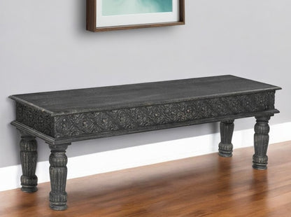 58" Black Floral Distressed Solid Wood Dining Bench