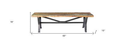 66" Brown and Black Distressed Reclaimed Wood Dining Bench