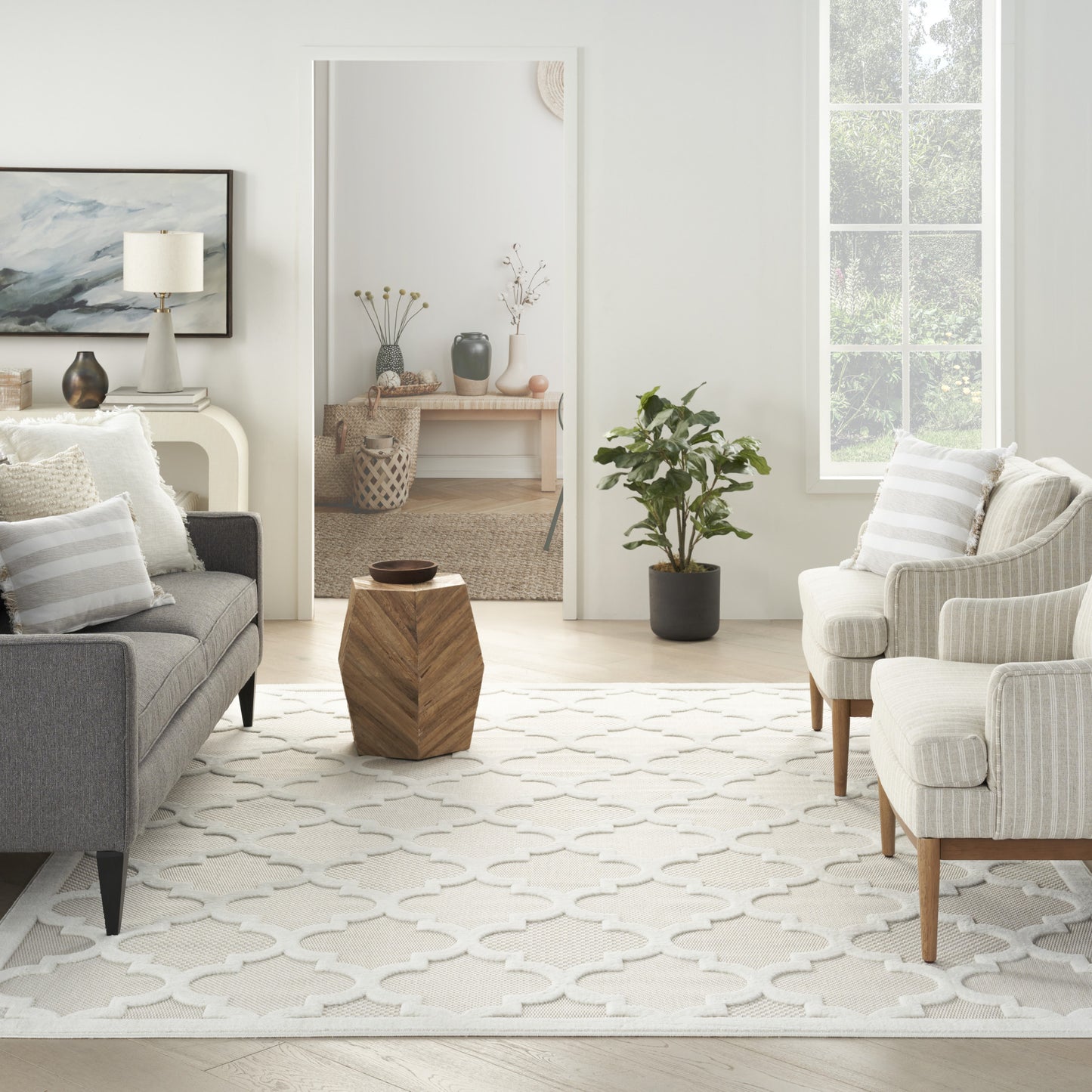 9' X 12' Cream Geometric Flatweave Area Rug