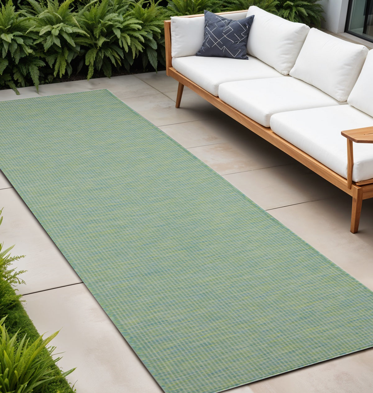 10' Blue and Green Power Loom Indoor Outdoor Runner Rug