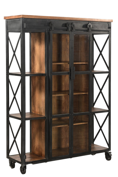 73" Brown Metal and Solid Wood Six Tier Bookcase with Two doors